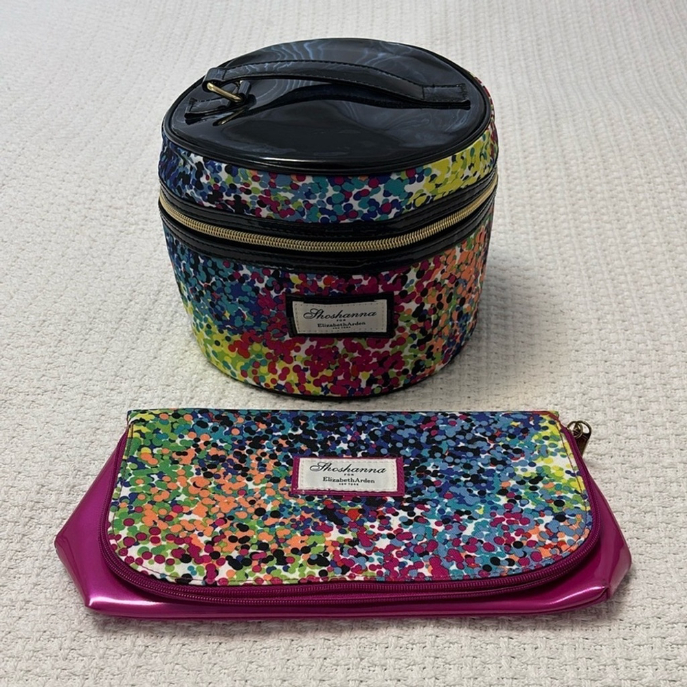 SET OF TWO SHOSHANNA FOR ELIZABETH ARDEN confetti black patent Cosmetic Bag Set